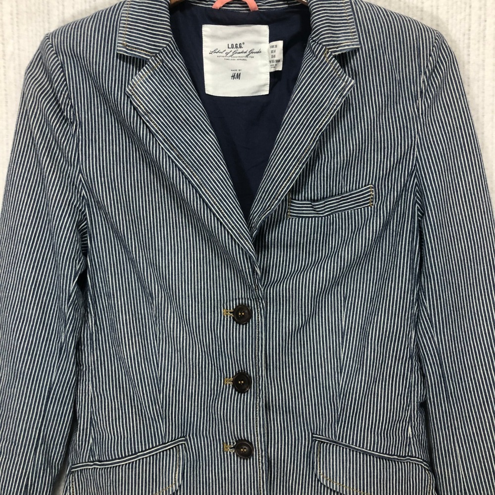 HM LOGG Womens Blue White Hickory Stripe Cotton Blazer Jacket Size 8‎